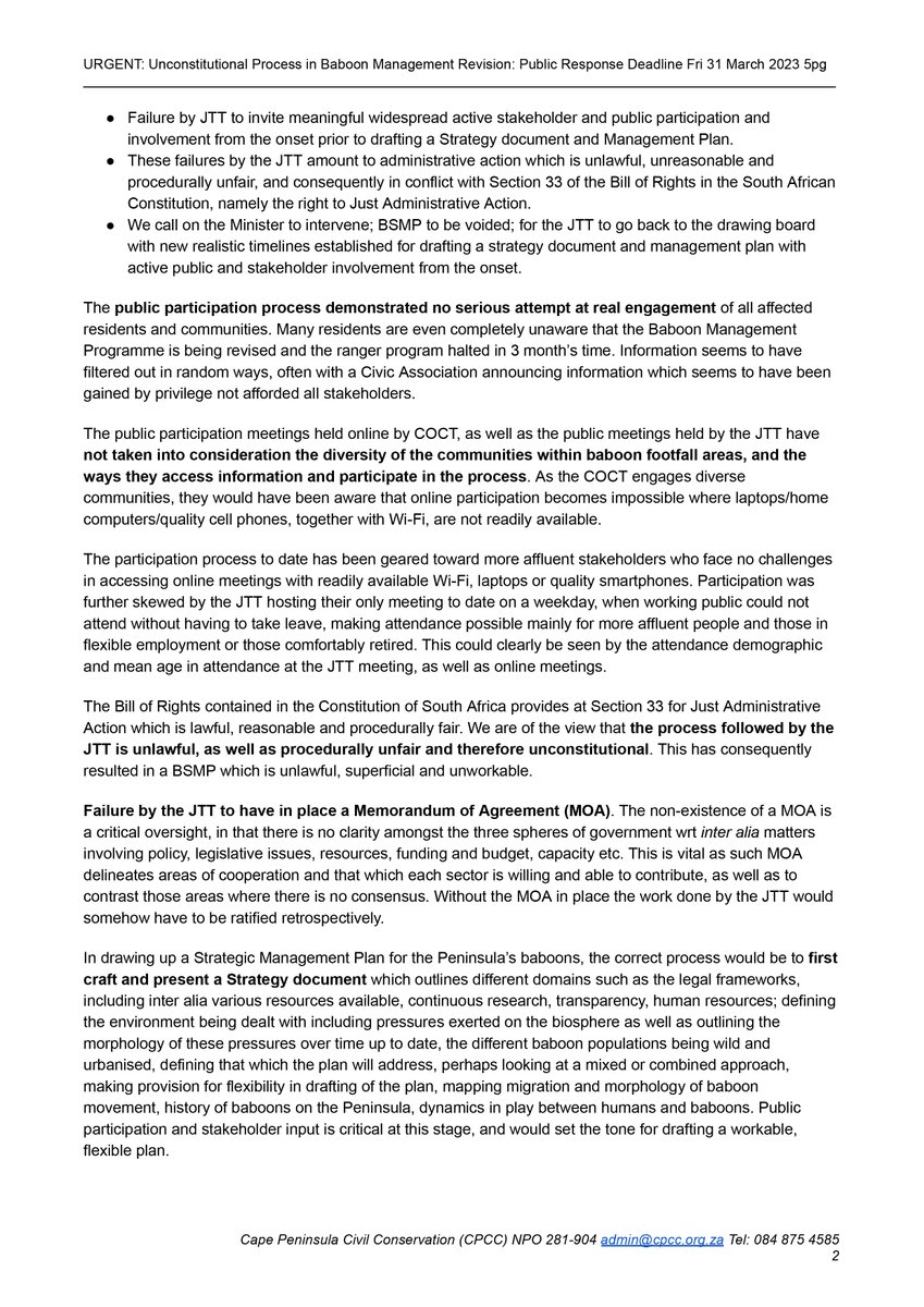 cpcc_za's tweet photo. MEDIA STATEMENT:
UNCONSTITUTIONAL PROCESS in Draft Baboon Management Strategy
@GovernmentZA @BarbaraCreecy_ @geordinhl @SanParks @CapeNature1
no response from government authorities to date
#biodiversity
#BaboonManagement
Full statement available on request
@cpcc_za https://t.co/YipMhudaob