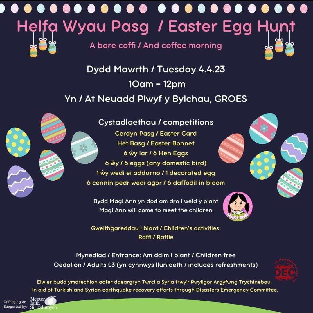Groes_Bylchau's tweet photo. 🥚🍫🍰 🐰Helfa Wyau #Pasg yn Neuadd y Plwyf, #Groes 4️⃣⏺4️⃣⏺2️⃣3️⃣

🥚🍫🍰 🐰 #Easter Egg Hunt at the Parish Hall in Groes 

Rhannwch plis / Please share! 😄 #diolch https://t.co/8UFE1yS2SJ