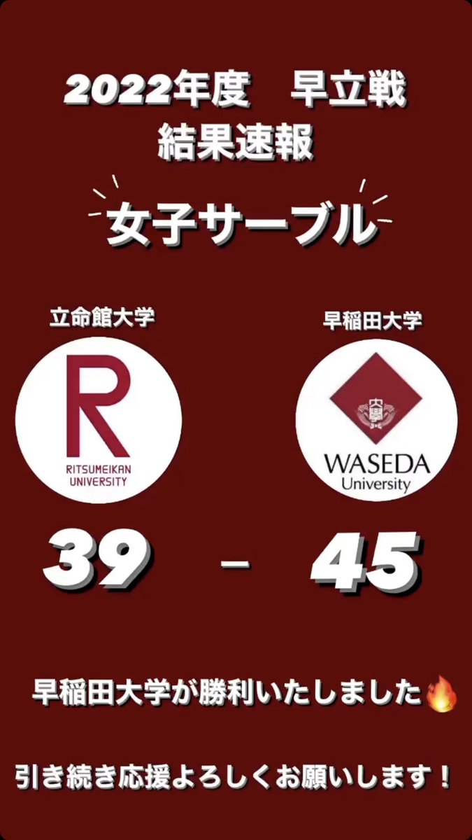 wasedafencing's tweet photo. 【結果速報】

〜男子エペ〜
早稲田ｰ立命館 45ｰ20

〜女子サーブル〜
早稲田ｰ立命館 45ｰ39

早稲田大学が全勝しました✨🏆

以上で早立戦は終わりとなります。

応援ありがとうございました！！！ https://t.co/FVkC8k5RAW