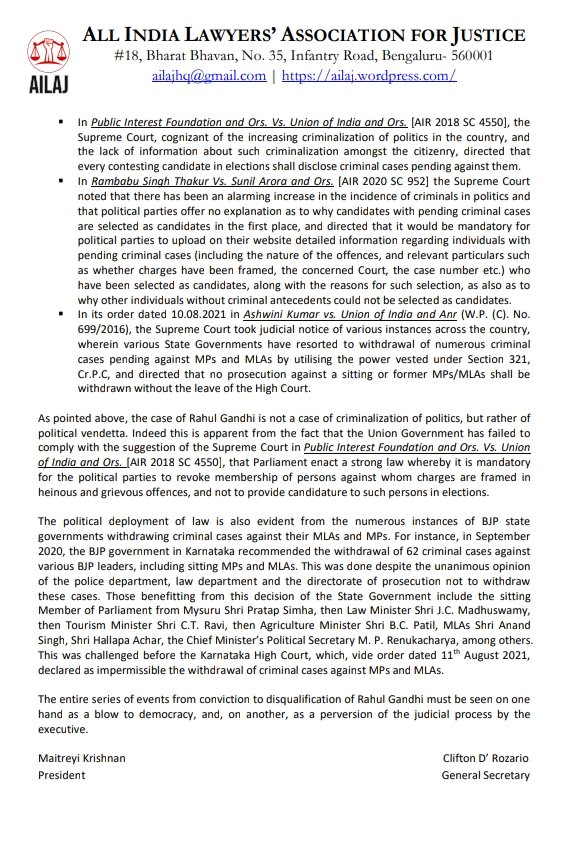 AilajHq's tweet photo. Criminalization of politics is a matter of grave concern since it undermines the credibility of democratic institutions. That 
said, AILAJ believes that the disqualification of @RahulGandhi is a case of political vendetta and represents a  shocking assault on democracy. https://t.co/xqA5XlBlRF