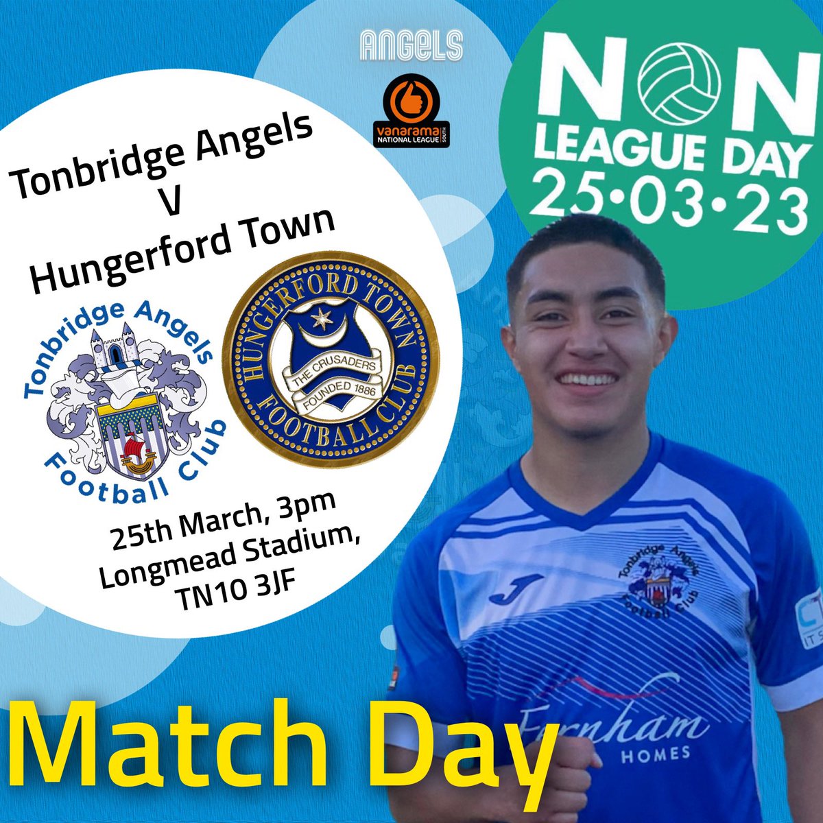 ⚽️ | It’s Non-League Day!

😇🆚 <a href="/HungerfordTown/">Hungerford Town FC</a> 
🗓️ 25th March 
⏰ K.O. 3pm
📍Longmead Stadium, TN10 3JF 
🏆 <a href="/TheVanaramaNL/">ReckyTHFC #killrecky</a> South
🎟️ Tickets tonbridgeangels.co.uk/buy-tickets &amp; on the gate
 #️⃣ #COYA #TAFC

🍺 Happy hours 12-2pm in the sports bar
🎶 Post-match live music in the marquee