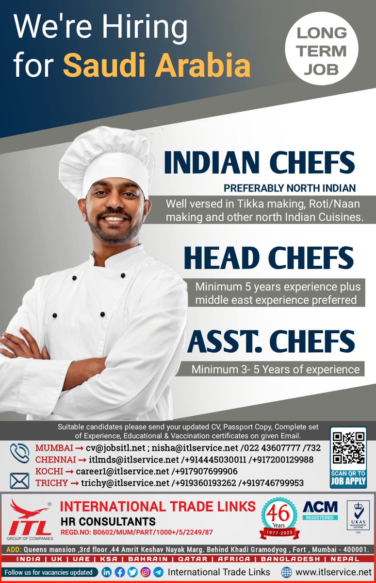 ItlJobs's tweet photo. JOB VACANCY FOR #saudiarabia
Interested candidates, please send your updated CV on given emails
Learn more :
https://t.co/L5a1jS36cU
#indianchef #assistantchef #headchef #cookingjob #chefsofinstagram #cook #nightcook #assistantcook #cookjobs #chefjobs #cooking #rig #rigsjob https://t.co/qTRoLl0bIt