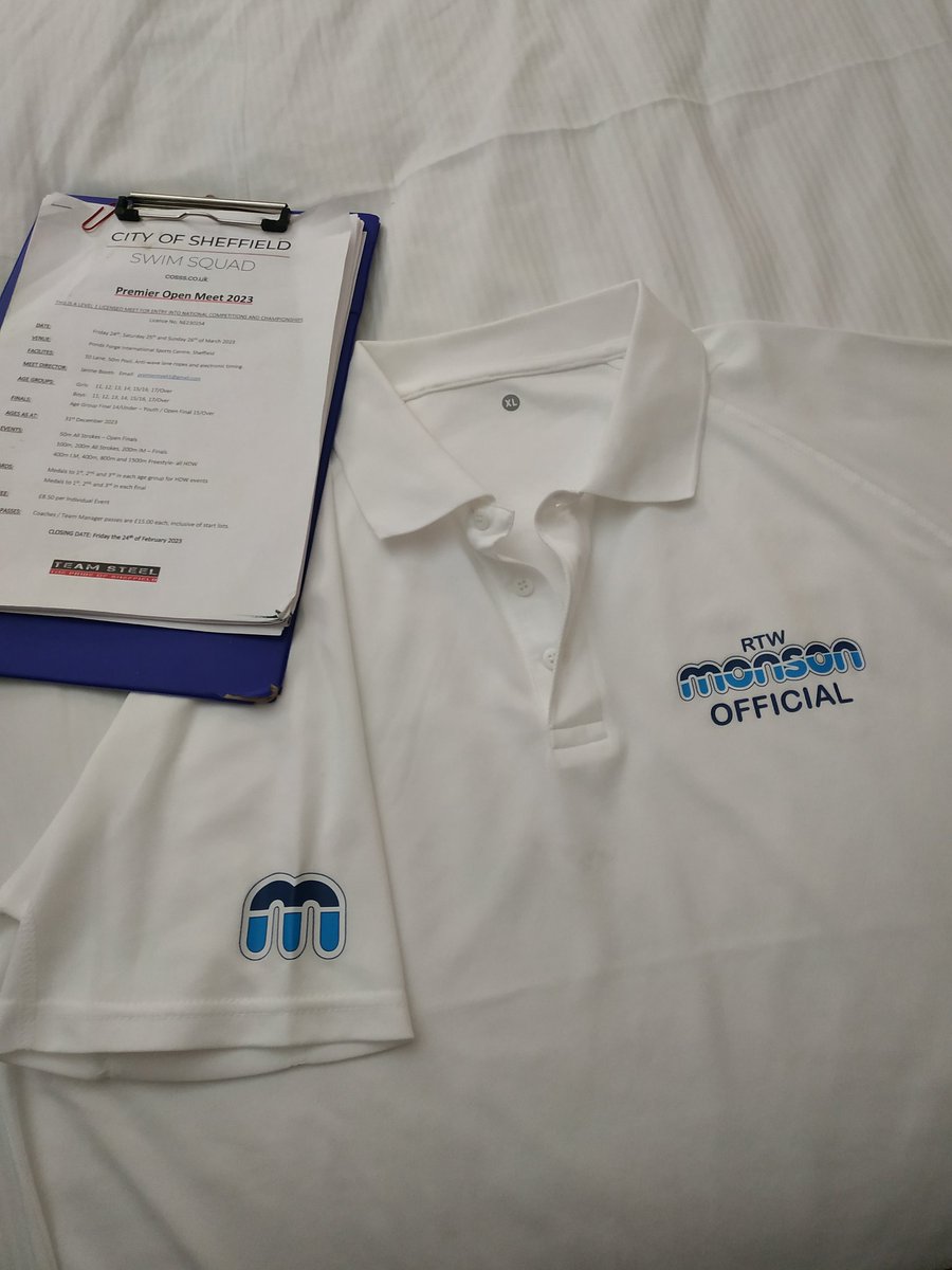 Loving our new <a href="/RTWMonsonSC/">RTW Monson SC</a> Officials tops, thank you Lorna Wright for organising. Long distance races completed last night, two more full days <a href="/PondsForge/">PondsForge Sheffield</a> and a huge thanks to <a href="/_TeamSteel/">City of Sheffield Swim Squad</a> for organising - we love your premier meet