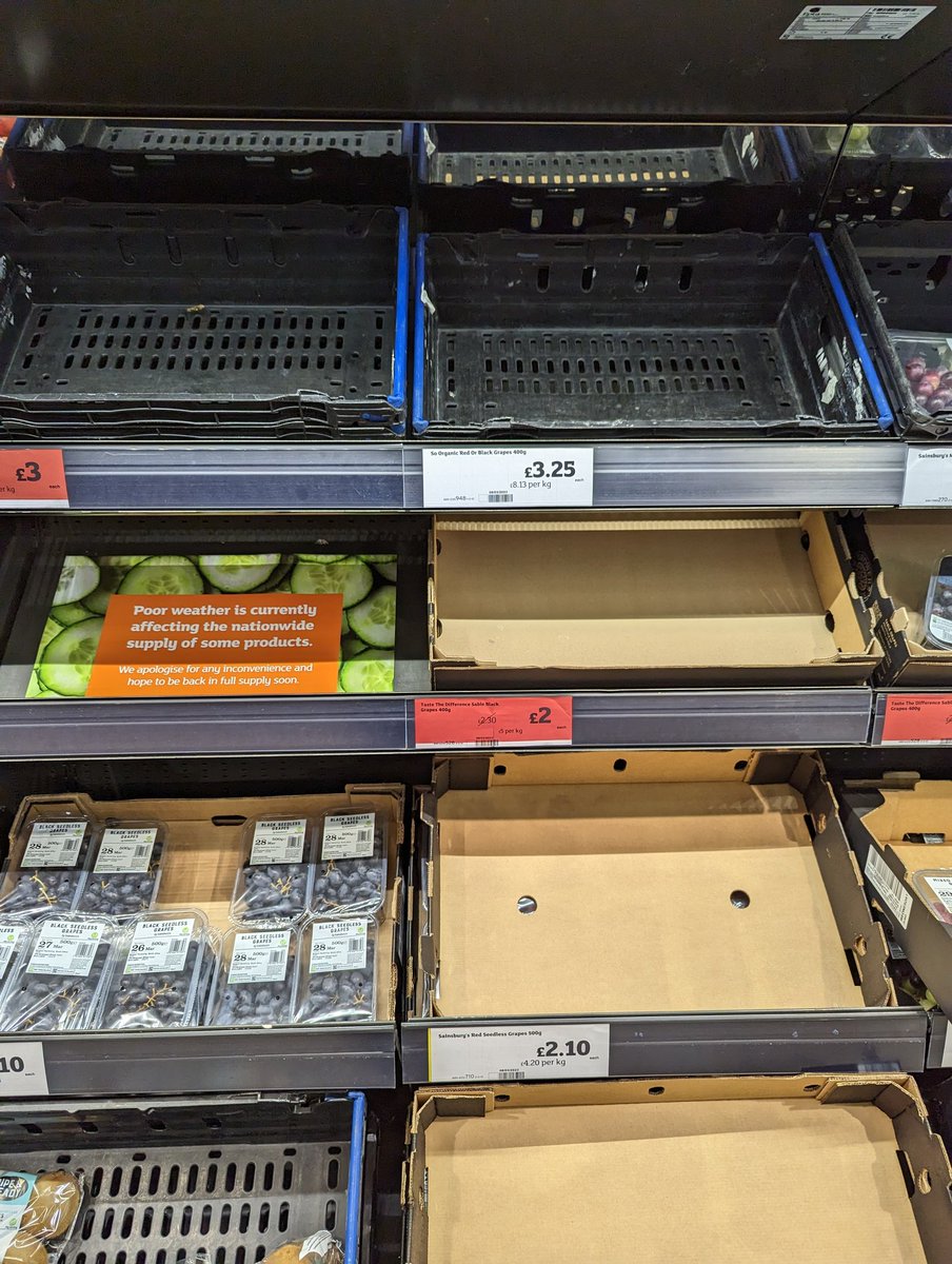 The_ChrisShaw's tweet photo. A British supermarket yesterday (my image), versus a mainland European one.

Apparently poor weather only affects the UK, post-Brexit.

*Image of French supermarket courtesy of @davehulson https://t.co/B0dU8Uzy3X