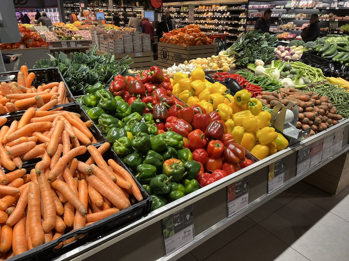 The_ChrisShaw's tweet photo. A British supermarket yesterday (my image), versus a mainland European one.

Apparently poor weather only affects the UK, post-Brexit.

*Image of French supermarket courtesy of @davehulson https://t.co/B0dU8Uzy3X