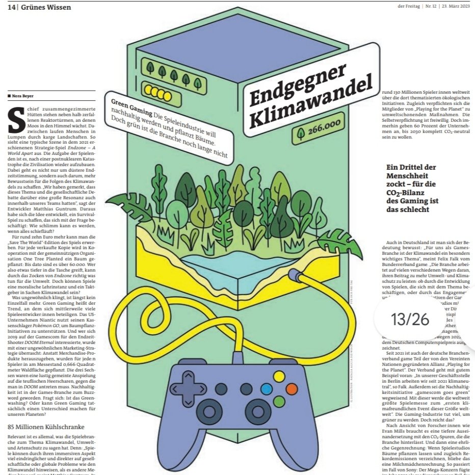 🎮 🌳 Für @derfreitag habe ich mich auf die Suche nach grünen Spuren und Daumen in der Gamesbranche gemacht. Gefunden habe ich einiges an Greenwashing - aber auch authentische Ideen und Ansätze und gute Gründe für einen hoffnungsvollen Ausblick.