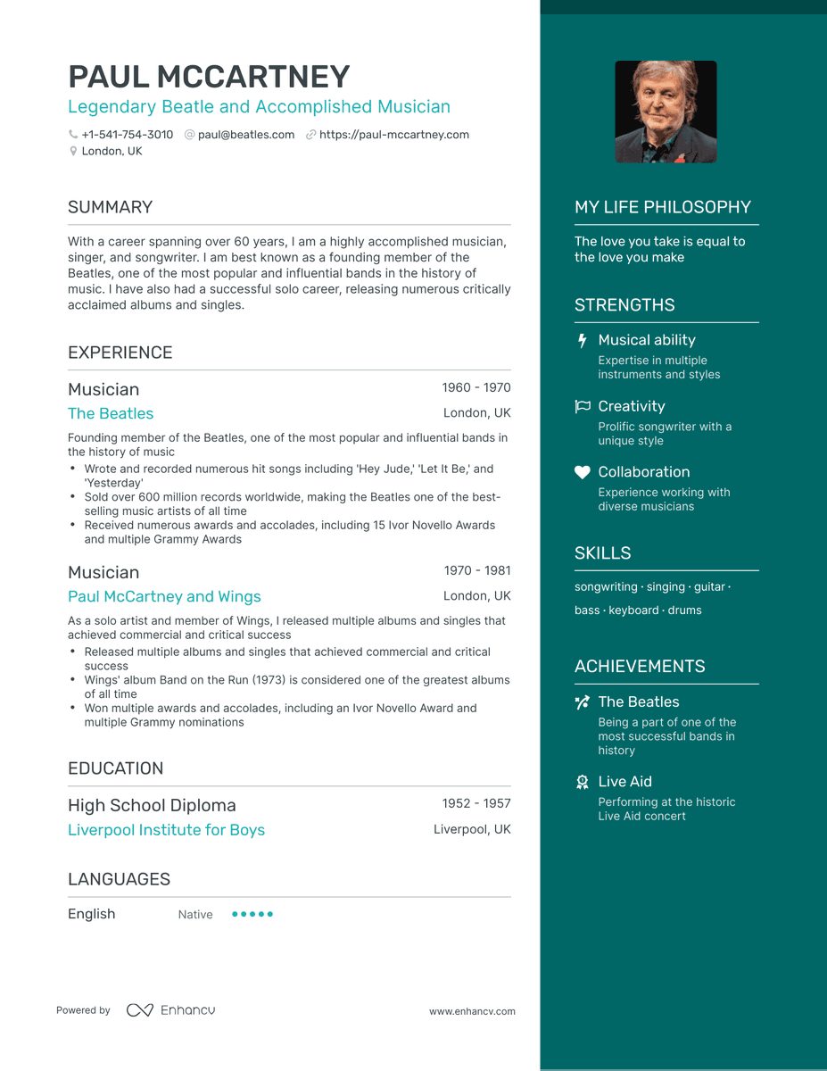 What would Paul McCartney's resume look like if he had one made by AI? Check the full ChatGPT-generated resume at thisresumedoesnotexist.com/resume/paul-mc…