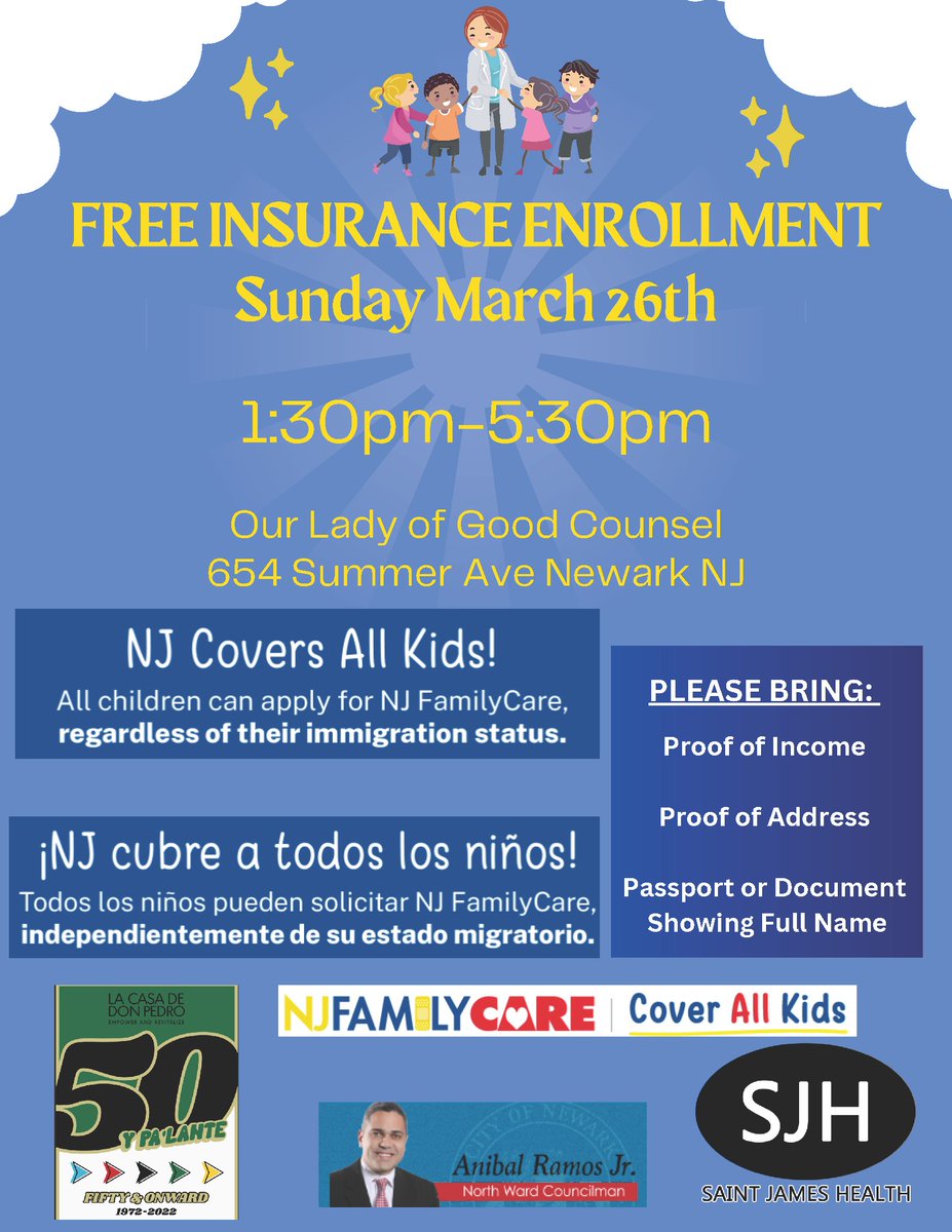 El seguro médico GRATUITO ahora está disponible para TODOS los niños en Nueva Jersey menores de 19 años, independientemente de su estatus migratorio. ¡Únase a La Casa de Don Pedro y sus amigos en 654 Summer Ave en Newark el 26 de marzo para inscribir a sus hijos!