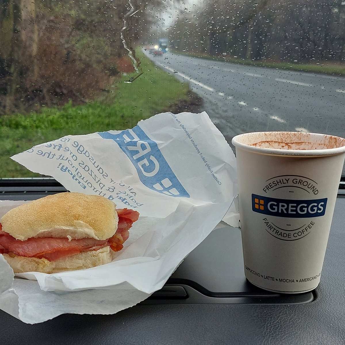 Trains, cars and daffodils today, but first things first #greggs #baconsandwich #cappucino #a1 #northumberland