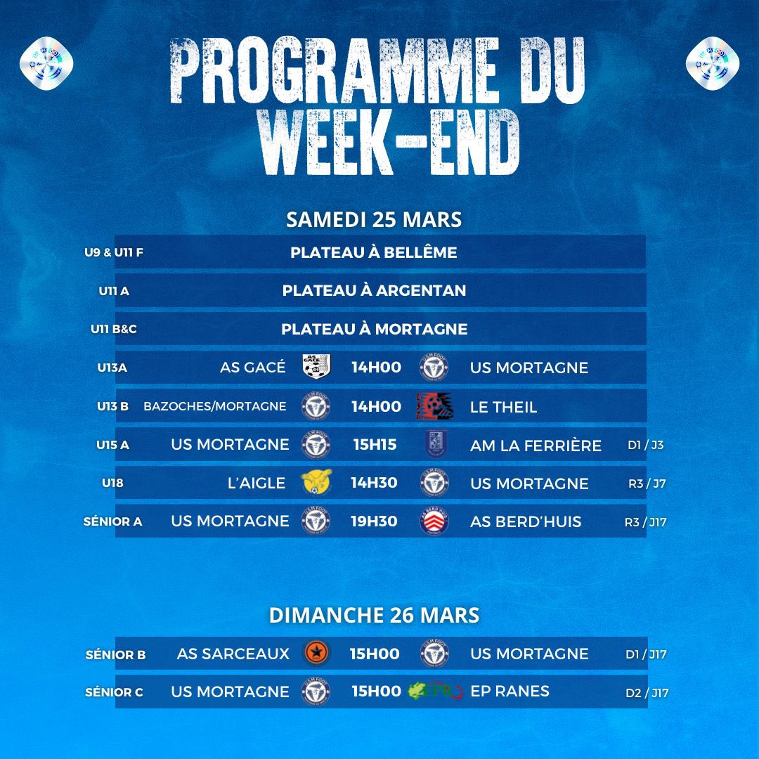 UsMortagne's tweet photo. 🔹Le programme du week-end ! 👀

Bon match à toutes et à tous ! ⚽️

🔵⚪️ https://t.co/ZDD3tquLps