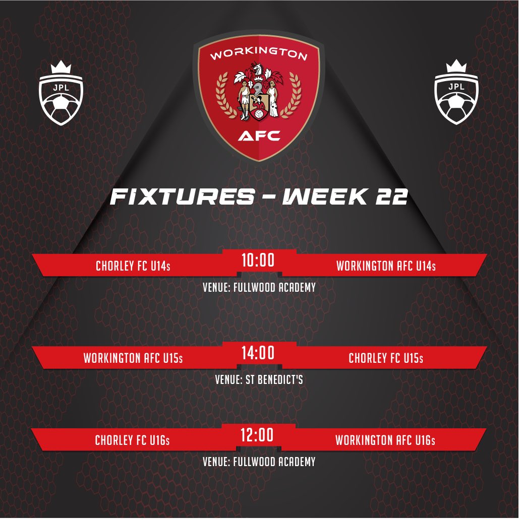 RedsInTheCommunity (@redsinthecom) on Twitter photo 🔴⚽️ ACADEMY | Here’s our <a href="/jpluk/">Junior Premier League</a> fixtures for today. Good luck boys!
Our 12s and 13s are playing an in house Kings League festival 🙌
#workingtonafc #futurereds #jpl 🔴⚽️ ACADEMY | Here’s our <a href="/jpluk/">Junior Premier League</a> fixtures for today. Good luck boys!
Our 12s and 13s are playing an in house Kings League festival 🙌
#workingtonafc #futurereds #jpl