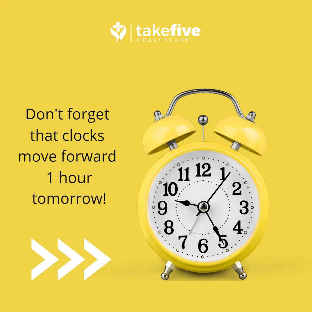 FiveHealthcare's tweet photo. The clocks are changing tomorrow! Don’t forget that the clocks move forwards one hour at 1am on Sunday as we move into #BritishSummerTime.
--
https://t.co/PULjbdN7K2 
#WarmerDays #SummerIsComing #TakeFiveHealthcare https://t.co/bCB3P6FBCd