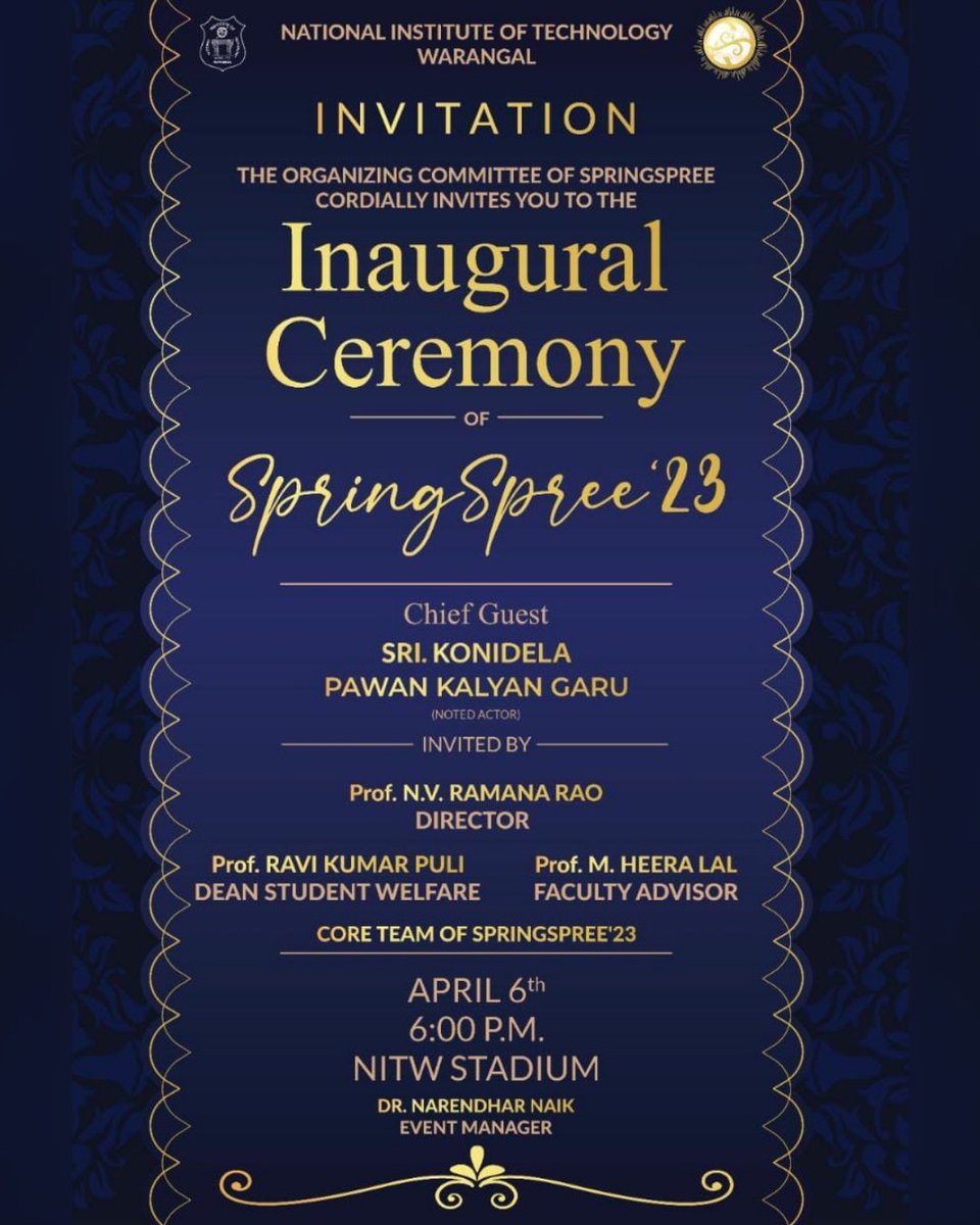 ss_nitw's tweet photo. It is with great pleasure that we announce the chief guest for the SpringSpree'23 inaugural ceremony, Sri Konidela Pawan Kalyan Garu!

#pspk #pawankalyan #springspree https://t.co/4jSXsEtfmv