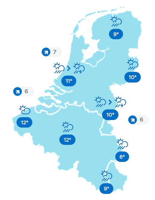 NoodweerBenelux's tweet image. Goedemorgen! Vandaag opnieuw #wisselvallig en #onstuimig weer. Er trekken talrijke #buien van W naar O over de #Benelux. Daarbij komt lokaal ook #onweer en #hagel voor. Verder piekt de zuidwestelijke #wind rond het middaguur met een kracht 7 à 8 en #windstoten van 75-90 km/u.
