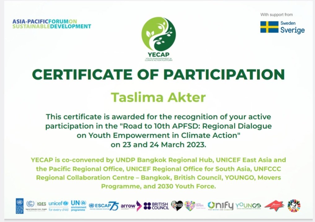 'Road to 10th APFSD: Regional Dialogue on Youth Empowerment in Climate Action' was held on 23 and 24 March 2023. We gained some useful climate knowledge, insights and connections from the virtual event about climate in the discussion
#YECAP
 #UNEP
#UNICEF
#MGCY
#UN1FY
#YOUNGO