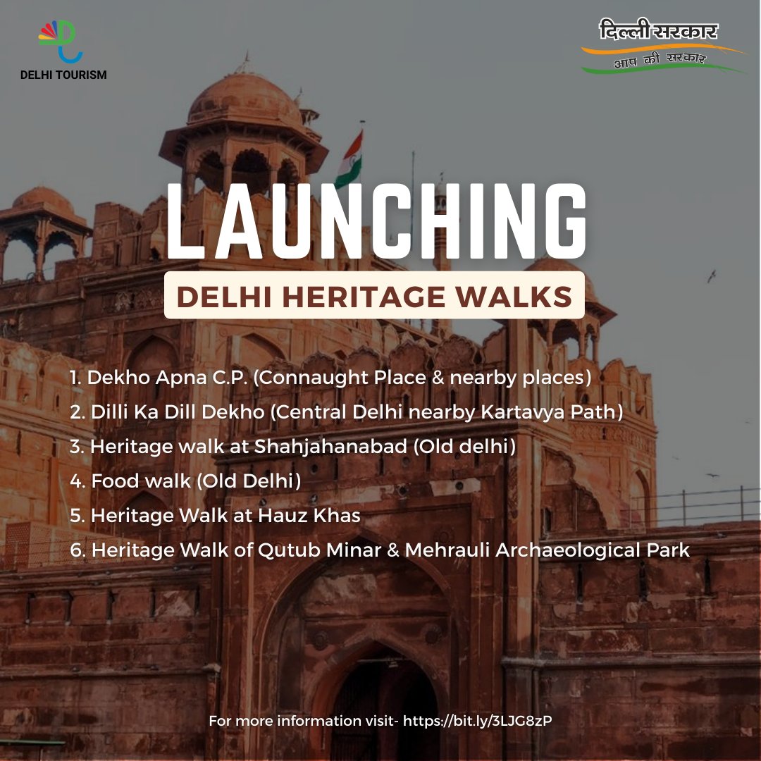 DelhiGovtACL's tweet photo. Attention all Art, Culture and History lovers! Delhi Govt. has launched Heritage Walks across various historical and cultural landmarks of Delhi!

These walks will offer detailed guided tours, every Saturday and Sunday.

For more info, visit Delhi Tourism's official website. https://t.co/FzpSEwr0cV