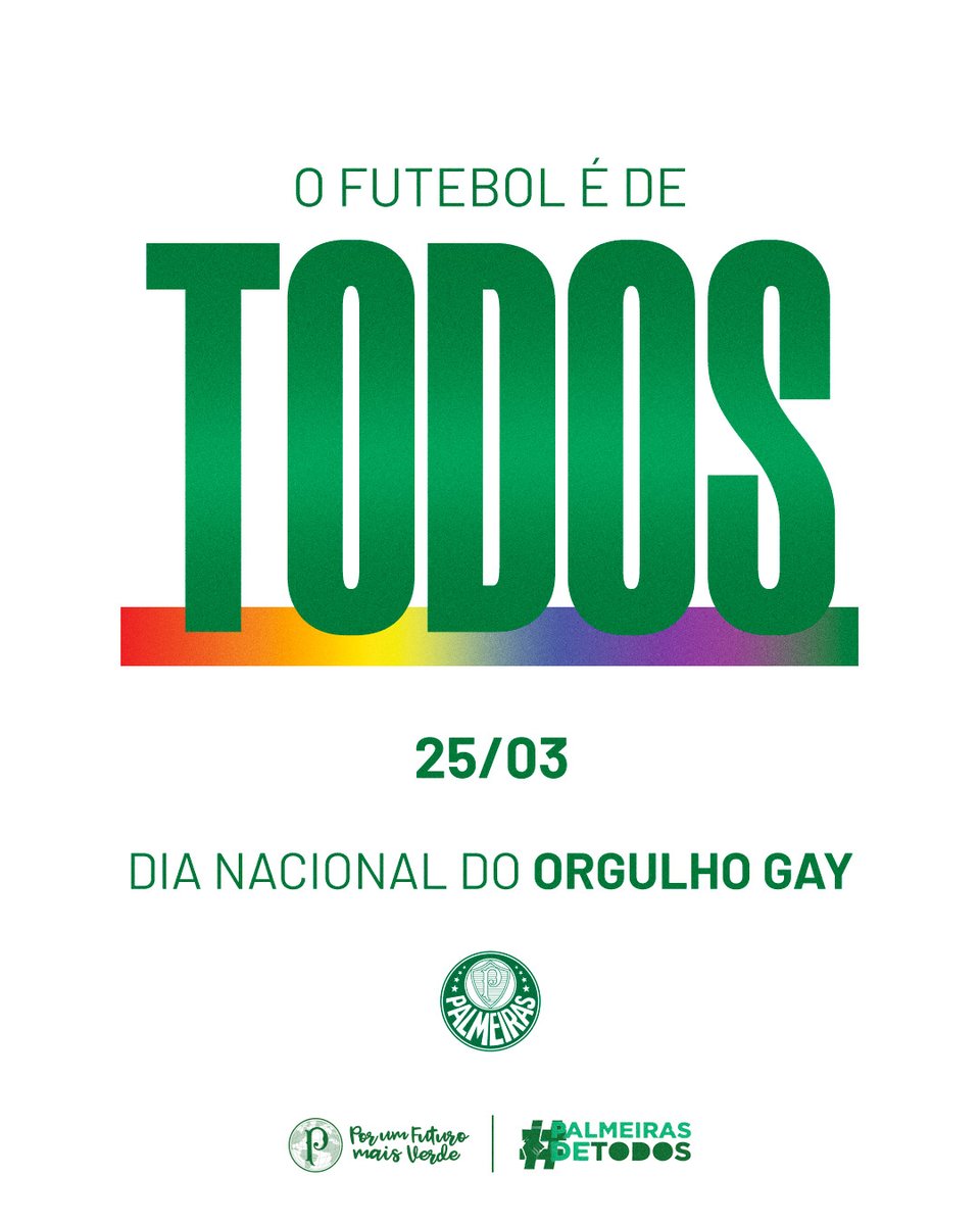 O futebol é para todos! 🌈⚽

Não importa sua orientação sexual ou identidade de gênero. Vamos fazer do campo um lugar mais inclusivo. Juntos, podemos marcar um gol pela igualdade!

#PalmeirasDeTodos