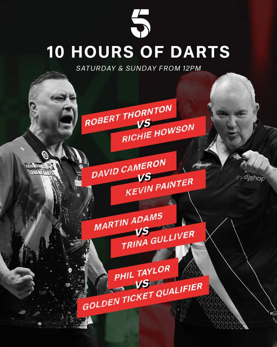 5 hours of darts on @channel5_tv today from 12! Join us to see if Blackpool is still The Power's Palace. Tough opener for Taylor vs Golden Gates of the USA. The show opens with a re-run of the @SeniorsDarts World Championship final. Who will be the Champion of Champions?