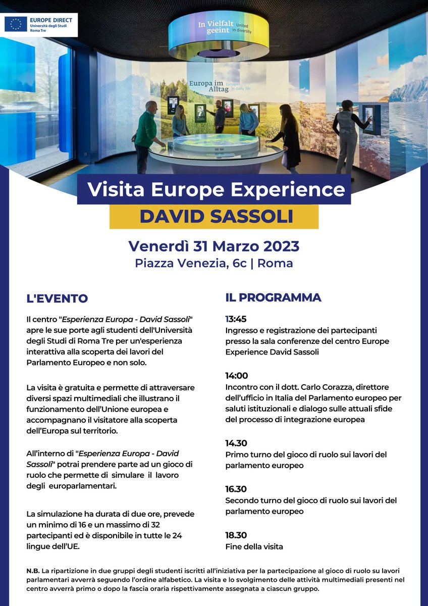 🌐 Conosci il centro "Esperienza Europa - David Sassoli" di Roma? 
✅ Venerdì 31 marzo è la tua occasione per visitarlo. 
👥 Partecipa all'evento e prendi parte alla simulazione dei lavori del #ParlamentoEuropeo.