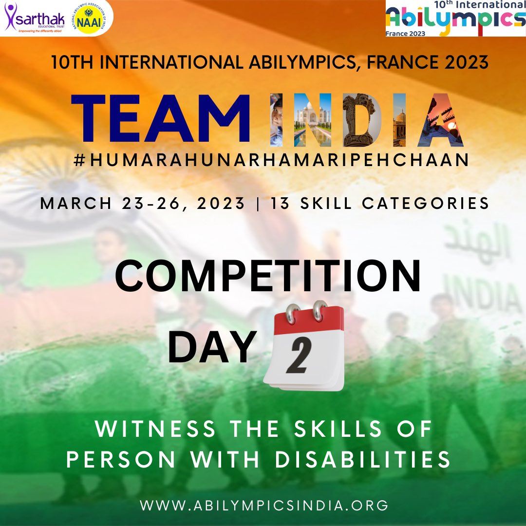 abilympicnaai's tweet photo. #Day2 of Abilympic competition.
Wishing #TeamIndia good luck!๐ฎ๐ณ๐ฎ๐ณ
Visit https://t.co/smpiHyenBE
#HumaraHunarHumariPehchaan
#Abilympics2023 #HunarKiPehchan #InternationalAbilympics #AbilympicsFrance #SupportNAAI #SupportSarthak #SashaktDivyangjan #Skills https://t.co/royYZK1NFk