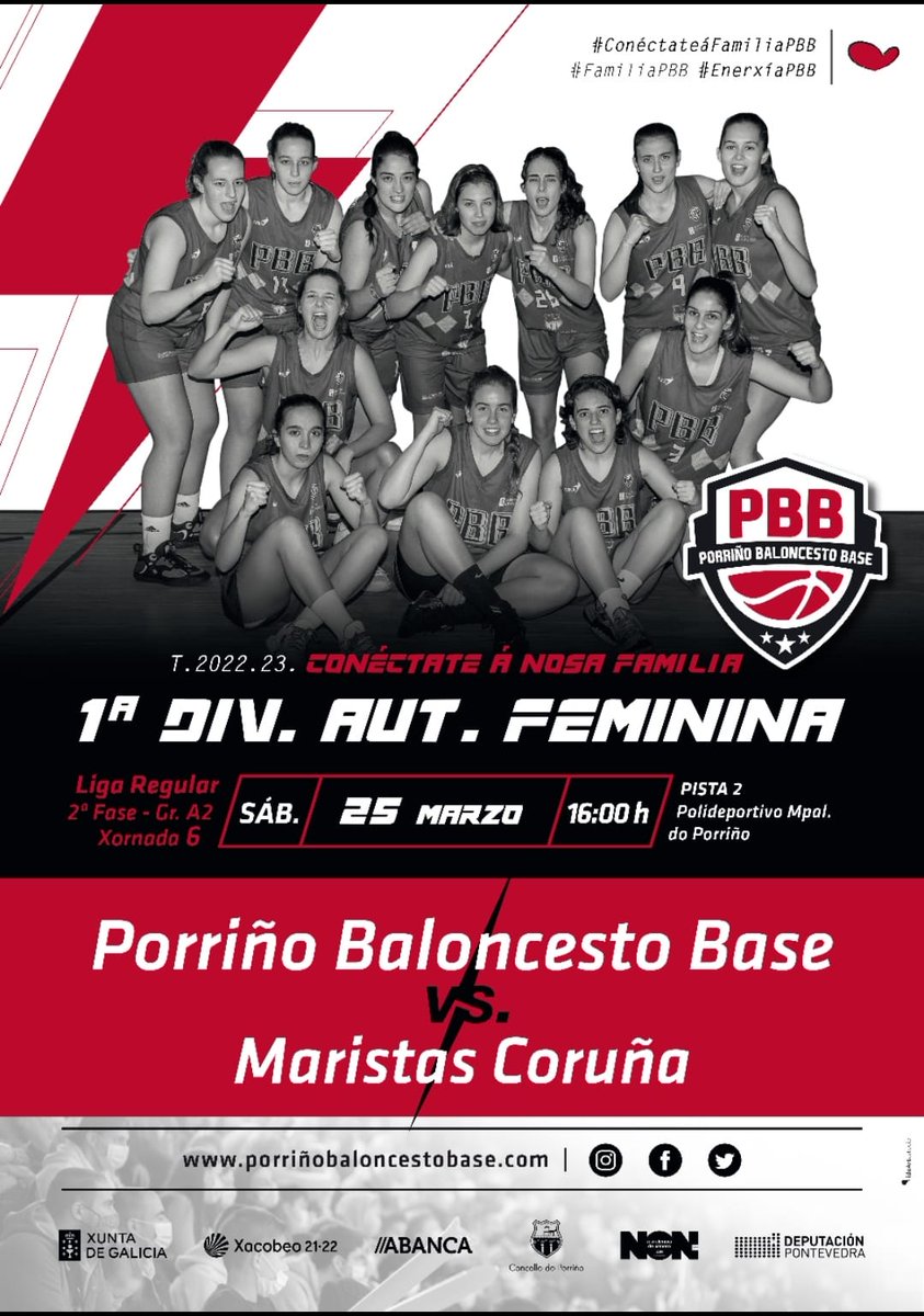 PBBbaloncesto's tweet photo. Hoxe xogan #asnosas💜 na 🏠

⏰ 16:00h
🆚 @MaristasCoruna

Non faltes‼️ Xuntas somos ➕💪

#EnerxíaPBB⚡ https://t.co/dYlH7KCTMY