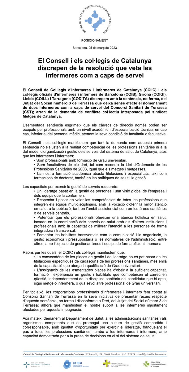 ⭕️ Consell i col·legis de Catalunya #discrepem de la #resolució que #veta les infermeres i infermers com a #capsdeservei.

#INFERMERES #SOM:
📍Grau universitari.
📍Facultatives, tal com reconeix la LOPS
📍Formació també en polítiques de salut i gestió.
🟰que metges/esses