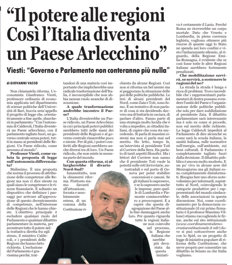 profgviesti's tweet photo. L’autonomia regionale differenziata così come richiesta da Veneto, Lombardia e Emilia renderebbe l’Italia un paese arlecchino, ridicolo, ingovernabile
(Intervista a L’Identità, 24/3) https://t.co/VxdElxKR4H