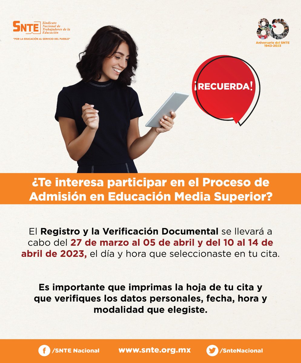 SnteNacional's tweet photo. ‼️AVISO‼️ A los interesados en el Proceso de Admisión en Educación Media Superior 👉el registro y verificación documental será del #27deMarzo al #5deAbril... Y del 👉#10deAbril al #14deAbril el día y hora que hayas seleccionado en tu cita 📰

Imprime tu cita y checa tus datos ☝️ https://t.co/mQkJEBSCPM