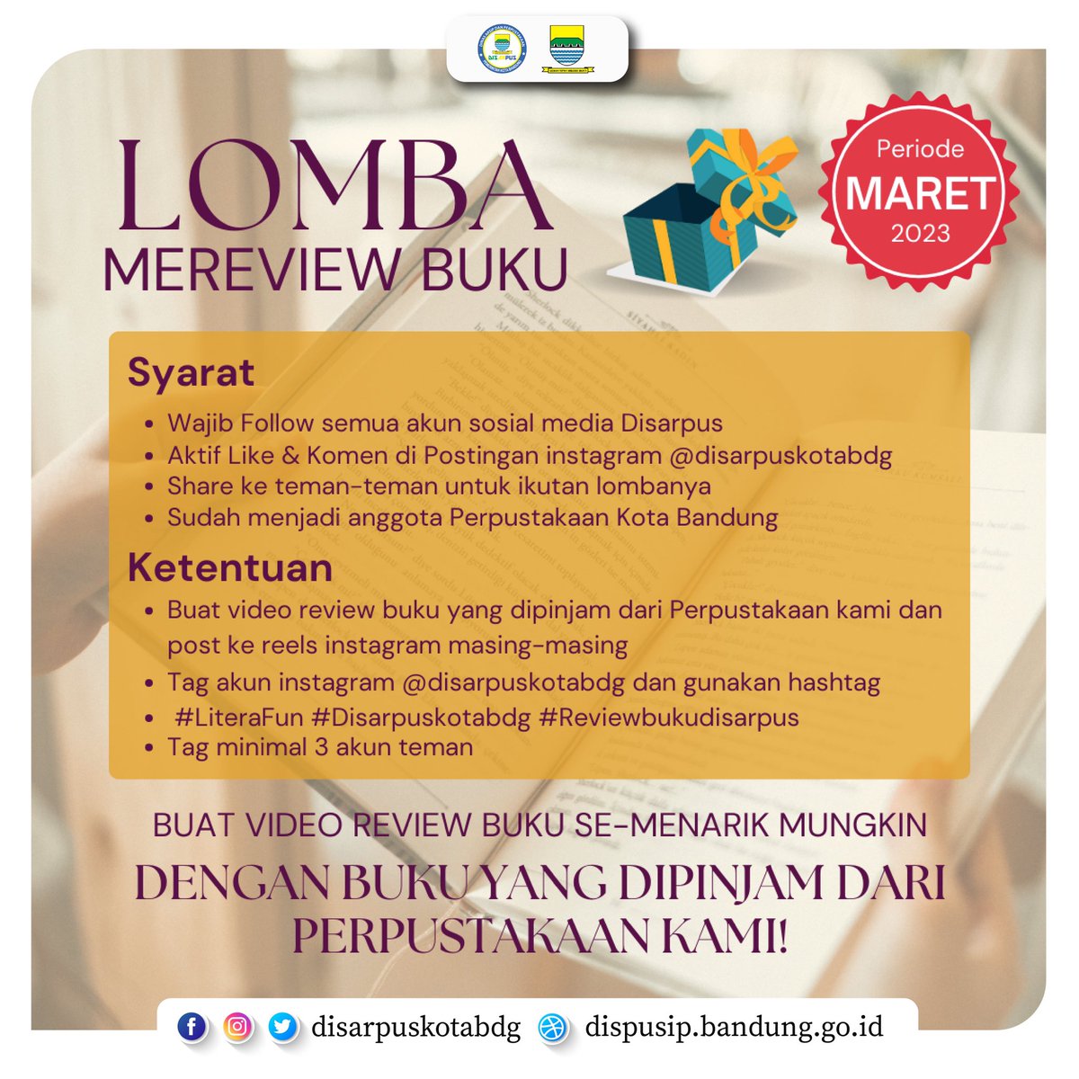 bdgdisarpus's tweet photo. Halo Wargi Bandung!

Selama bulan Maret ini mimin mau ngajak kakak-kakak untuk berpartisipasi di Lomba Review Buku.

Kali ini hadiahnya spesial banget, jadi jangan lupa untuk ikut lombanya dan tag teman-teman yang lainnya.
😉😉😉

Mimin tunggu partisipasinya! https://t.co/zjJHox5059