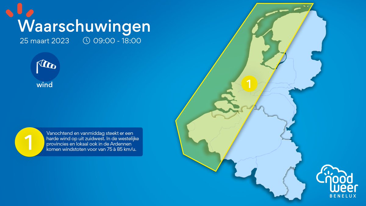 NoodweerBenelux's tweet image. Het is vandaag opnieuw zeer #onstuimig. Overdag komt de #Benelux in een zwaar windveld terecht. In de westelijke provincies lopen de snelheden van #windstoten op tot 75-85 km/u. Ook in Zuid-Limburg, de Haspengouw en het Land van Herve kunnen #rukwinden lokaal deze snelheid halen.