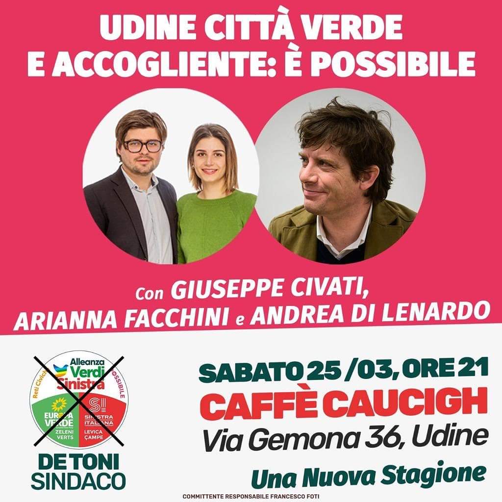 Appuntamento stasera, sabato #25marzo alle 21.00 a #Udine al Caffè Caucigh, via Gemona 36 con Giuseppe Civati e con Arianna Facchini e Andrea Di Lenardo per "Udine città verde e accogliente: è possibile". 

Vi aspettiamo!