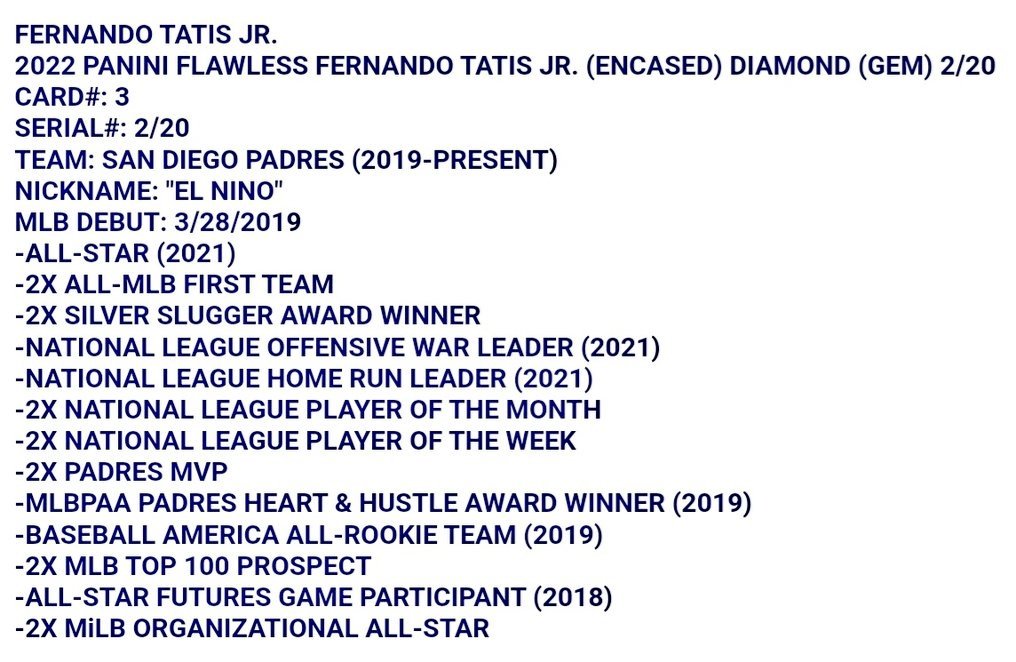 TresorSports's tweet photo. 2022 #Flawless FERNANDO TATIS JR Encased Diamond Gem #/20 ⚾️💎

$174.99 W/FREE SHIPPING

CALL ☎️ TEXT OR DM 📩

#baseballcards #panini #thehobby #Padres #sportscards #tatis_jr #Baseball #whodoyoucollect #tradingcards #MLB #sportscardsforsale

@MesaCards @JakeMc945 @3bangerbreaks https://t.co/NeieLr9zMy