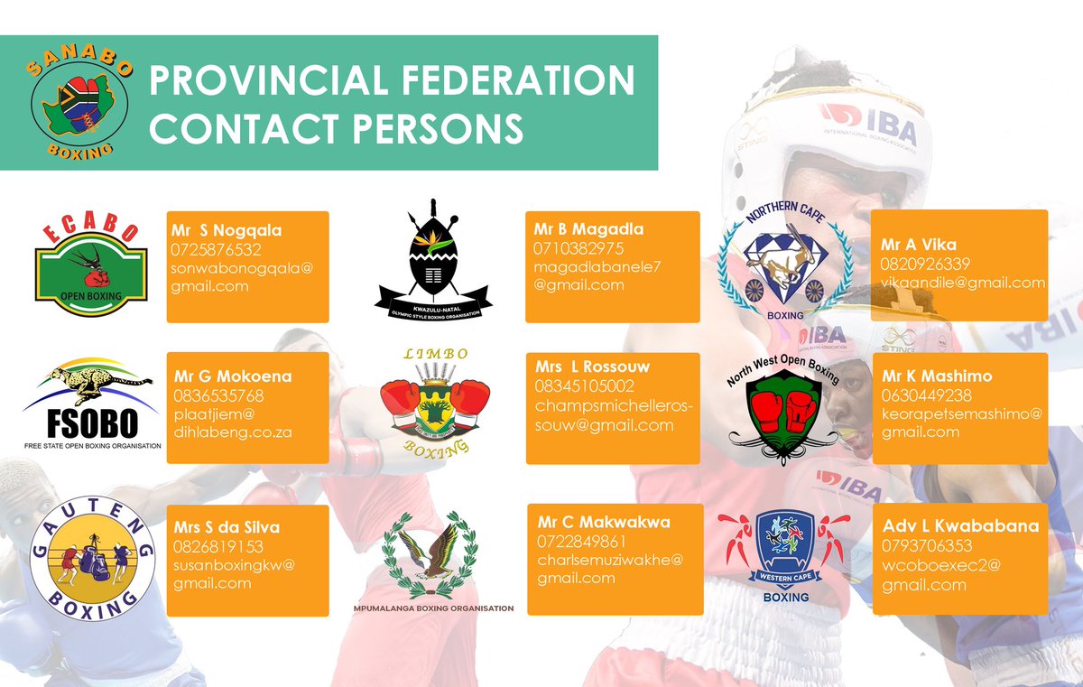Good day South Africa !!!

Please note that the Provincial Federation list of contact persons has been updated. 

You are encouraged to liaise with the identified officials for open (amateur) boxing related information.

#SANABO  #DepartmentofSports
