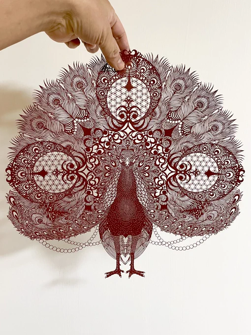 孔雀切り絵レッドとブルー #切り絵 #papercuttingart #art 