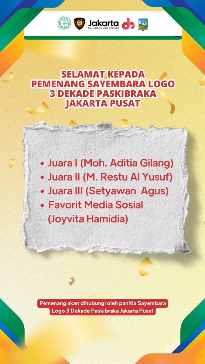 Selamat untuk para pemenang #SayembaraLogo3DekadePaskibrakaJakartaPusat