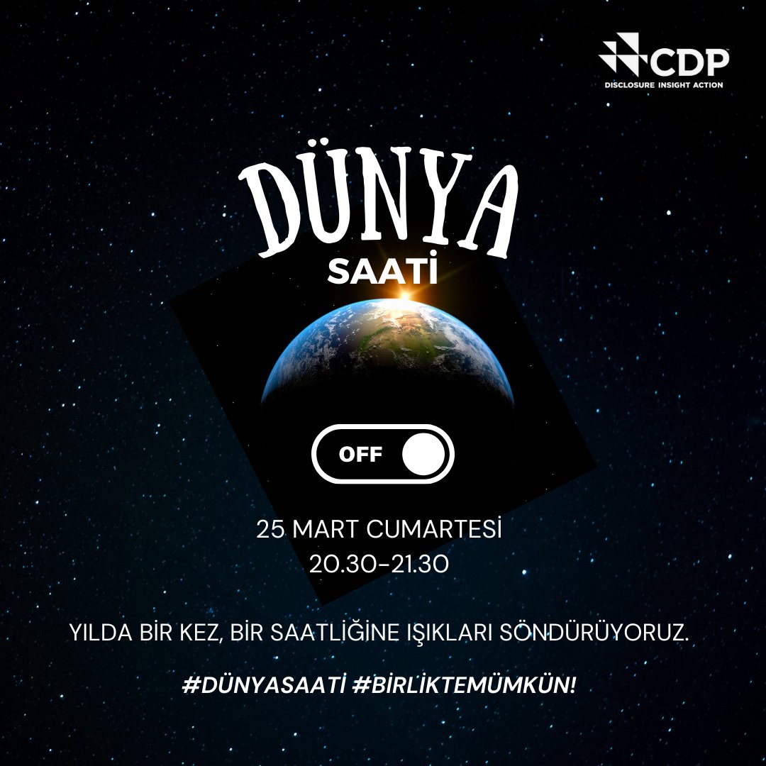 Her yıl mart ayının son cumartesi günü, dünya çapında milyonlarca insan, iklim krizine dikkat çekmek için bir araya geliyor. 

Bugün 20.30-21.30 arasında herkesi tüm ışıklarını söndürmeye davet ediyoruz. Çünkü #BirlikteMümkün!

📍25 Mart 20.30-21.30 

#DünyaSaati #EarthHour