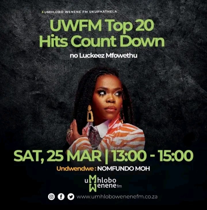 @Luckeez will be talking to @Nomfundo_Moh today on @UWFM88_106FM Top 20 Hits Count Down. 

The last 13:00 - 15:00 ride as we move to the 11:00 - 13:00 slot next week!

📻: 88 - 106 Nationwide 
📺: DStv Channel 818 
🌐: umhlobowenenefm.co.za
#UWFMTop20