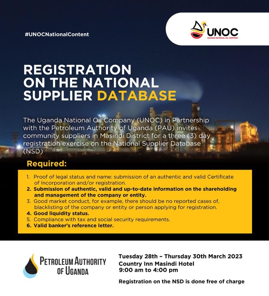Together with ⁦@UNOC_UG⁩, we will facilitate the registration of interested parties on the National Supplier Database & the National Oil and Gas Talent Register, next week in Masindi District #CreatingLastingValue #NationalContent Tag someone