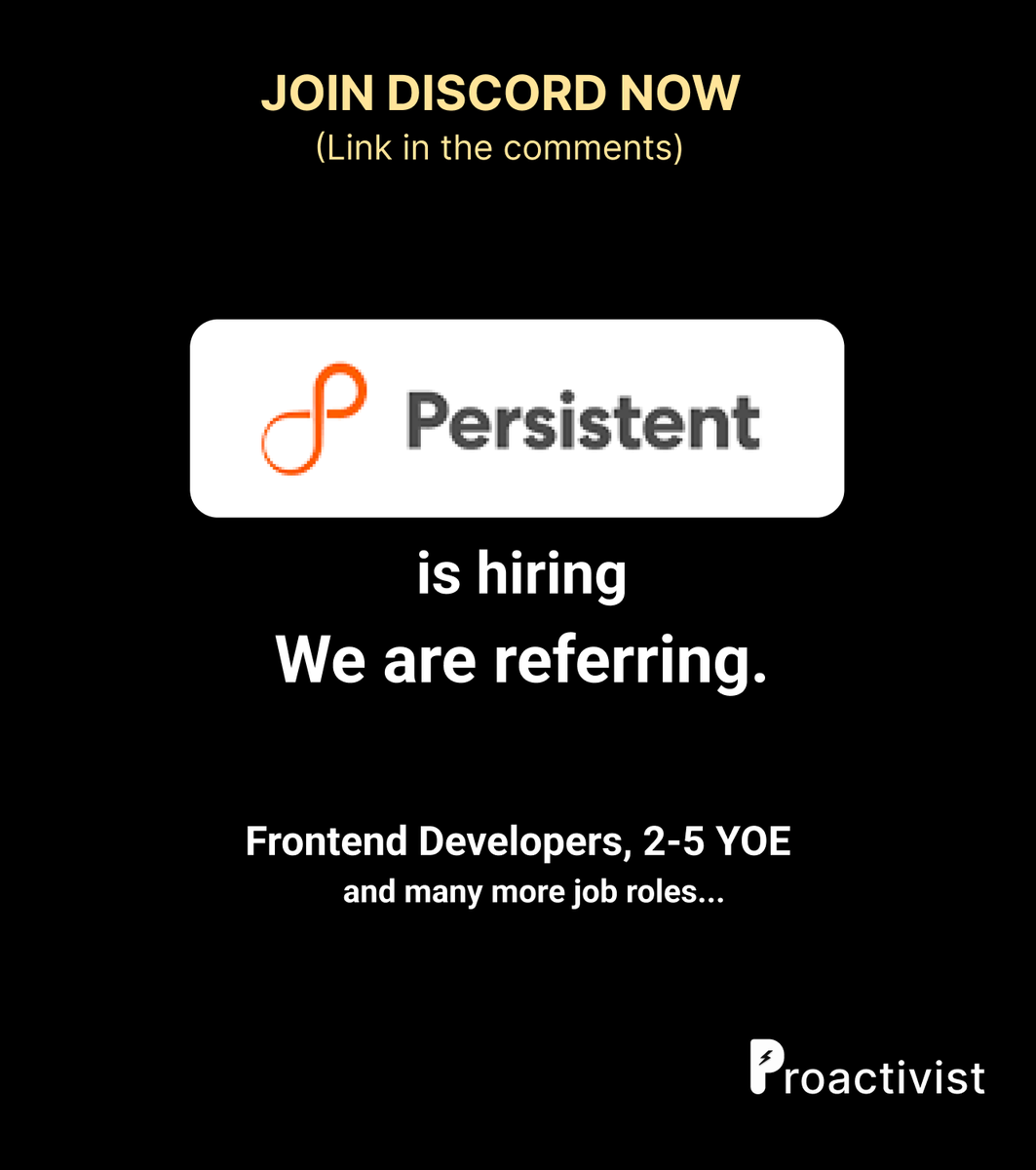 thrifty_kapila's tweet photo. PERSISTENT SYSTEMS IS HIRING,

I saw some fresher openings as well.

Join Proactivist to get job referrals - https://t.co/tHYb0XujSn
Apply for Persistent systems -> https://t.co/8IHOzK3RfC

Note - We don't charge either companies or candidates.

#proactivist #hiring #community https://t.co/NMJWmlNaKS
