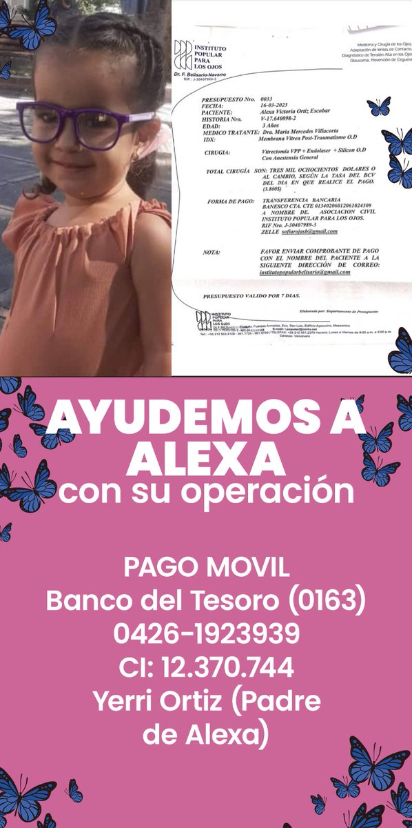 #ServicioPúblico Alexa es una niña de 2 años que perdió la visión de un ojo en un accidente doméstico. Al visitar varios hospitales, sin éxito, su familia solicitó un presupuesto privado, que se les hace cuesta arriba costear. Si usted tiene cómo ayudar, aquí dejo la información.