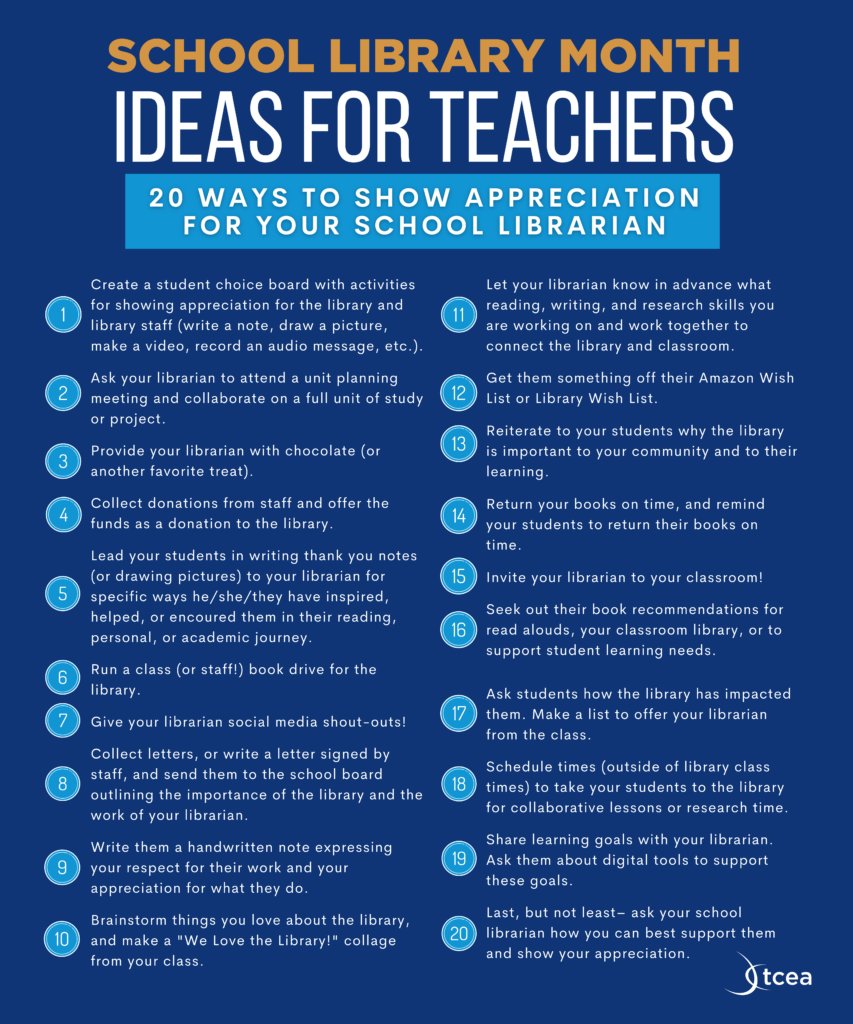 TCEA's tweet photo. School Library Month is just around the corner! How are you making your #librarians feel valued?!? 

https://t.co/rqU67iCclT @emilyforedu
#edadmin #txlchat #librarytwitter #edleaders #cpchat https://t.co/Q3NJbnhwk7