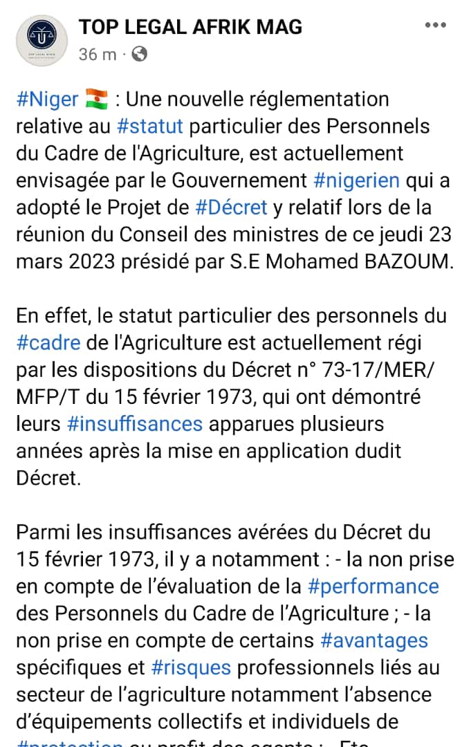 LegalMag's tweet photo. #Niger 🇳🇪 : Une nouvelle réglementation relative au statut particulier des Personnels du Cadre de l'Agriculture, est actuellement envisagée par le Gouvernement #nigerien qui a adopté le Projet de Décret y relatif lors du CM de ce jeudi 23 mars 2023 présidé par S.E @mohamedbazoum. https://t.co/b871vhwP1r