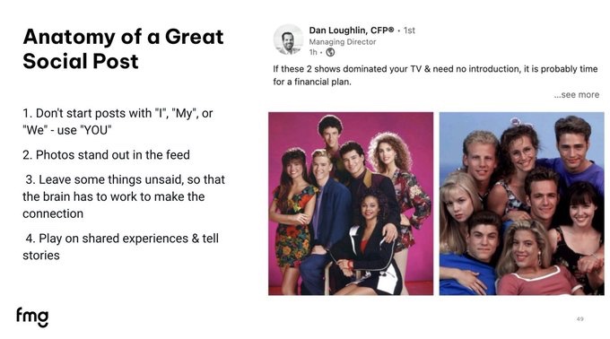 This is what a great social post looks like for a financial advisor👇

1. Use "You" instead of "I" "My" or "We"
2. Use attention-grabbing photos
3. Make the brain fill in gaps
4. Play on shared experiences; tell stories
5. Pop culture references = more comments

#SamSwipeFile