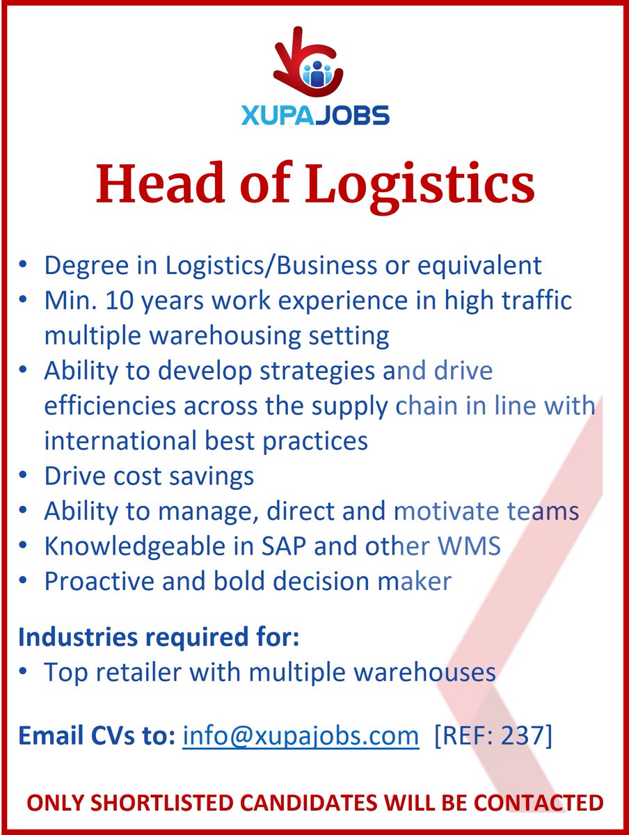 xupajobs's tweet photo. Are you a #logistics specialists with the ability to deliver on #budgets, #revenue targets and efficiency KPIs for large #retail #distribution centres? Then, maybe this role could be for you.

#jobsinkenya #HOD #supplychain #Nairobi @kot @CIPSMENA https://t.co/n1jHORmabK