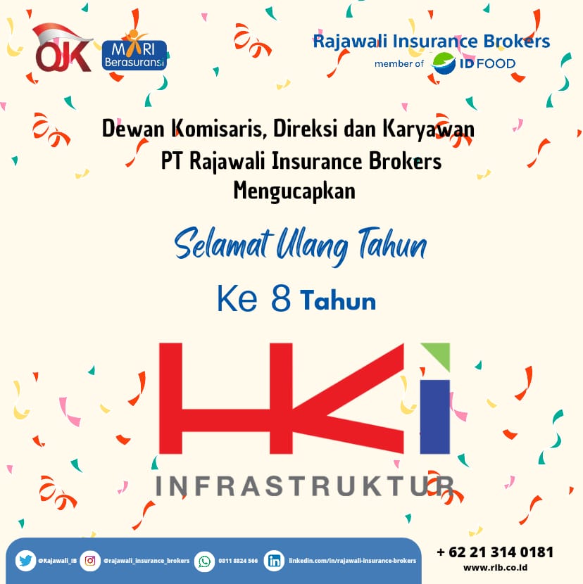 Rajawali_IB's tweet photo. Dewan Komisaris, Direksi dan Karyawan PT Rajawali Insurance Brokers mengucapkan Selamat Ulang Tahun PT Hutama Karya Infrastruktur ke 8 Semoga Semakin Sukses https://t.co/pFFX5f9VIy