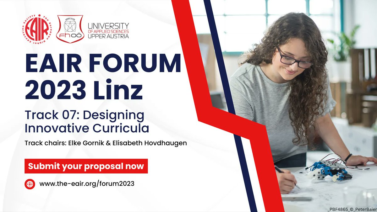 EAIR Annual Forum Track 7: Designing Innovative Curricula
Chairs: Elke Gornik &amp; Elisabeth Hovdhaugen

Read more and apply:
buff.ly/3TNn9GA

#EAIR2023 #Linz #Transformation #Process #ContinuingEducation #Competencies #Interdisciplinary #FutureCurriculum #FutureOfEducation