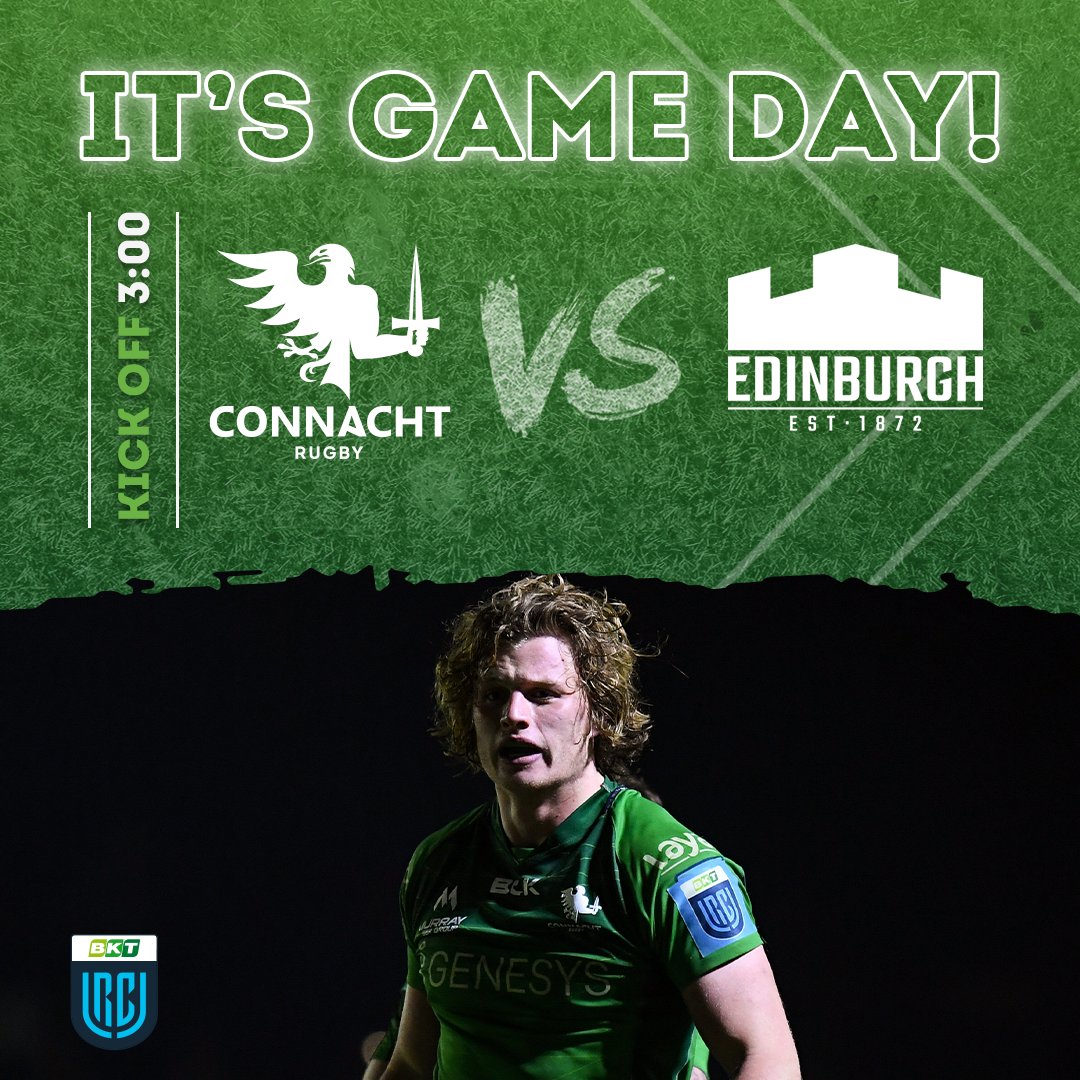 𝐋á 𝐜𝐥𝐮𝐢𝐜𝐡𝐞 @URCOfficial  🏉 Big game, lets bring the noise and colour Connacht fans! 👊🟢🦅 🆚 @EdinburghRugby  ⏰ k/o 3pm 📍The Sportsground  🎟️ connachtrugby.ie/fixtures/ 🔓Gates open at 2pm #CONvEDI | #BKTURC