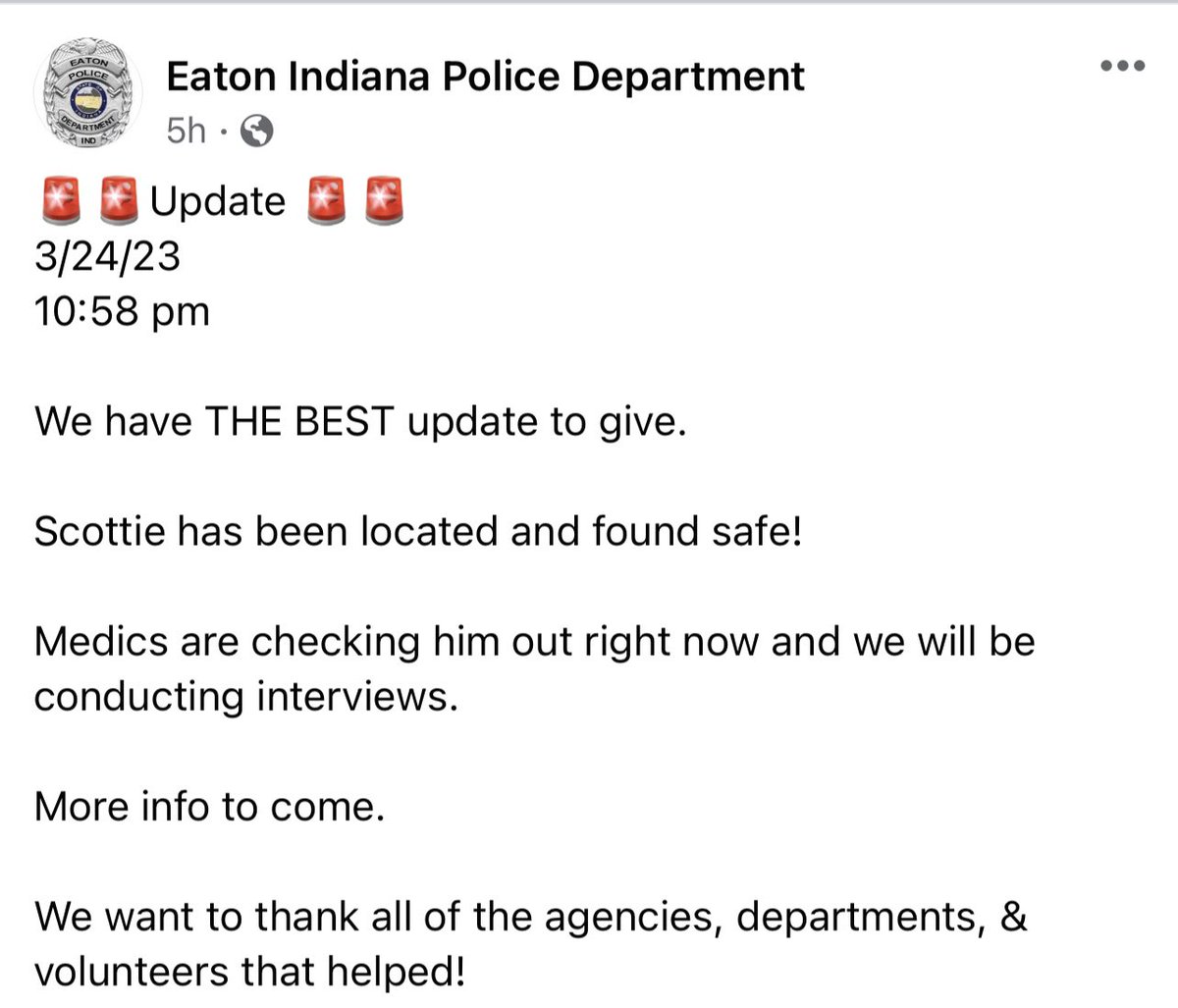 This is without a doubt the best news to wake up to! #ScottieMorris has been found safe 🥹 wonderful job by the Eaton Indiana Police Department for their dedication to Scottie the past 9 days! I pray that he continues to get the support he needs 💖 #ScottieMorrisfound