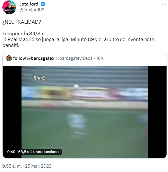 SrNaninho's tweet photo. Jota Jordi acaba de publicar un vídeo de un penalti (que no era) EN CONTRA del Real Madrid. Ya no sabe ni lo que publica 🤦‍♂️

Ese penalti perjudicó al Real Madrid en su lucha por la Liga. La acabó ganando el Barcelona. https://t.co/3upfss6UiB