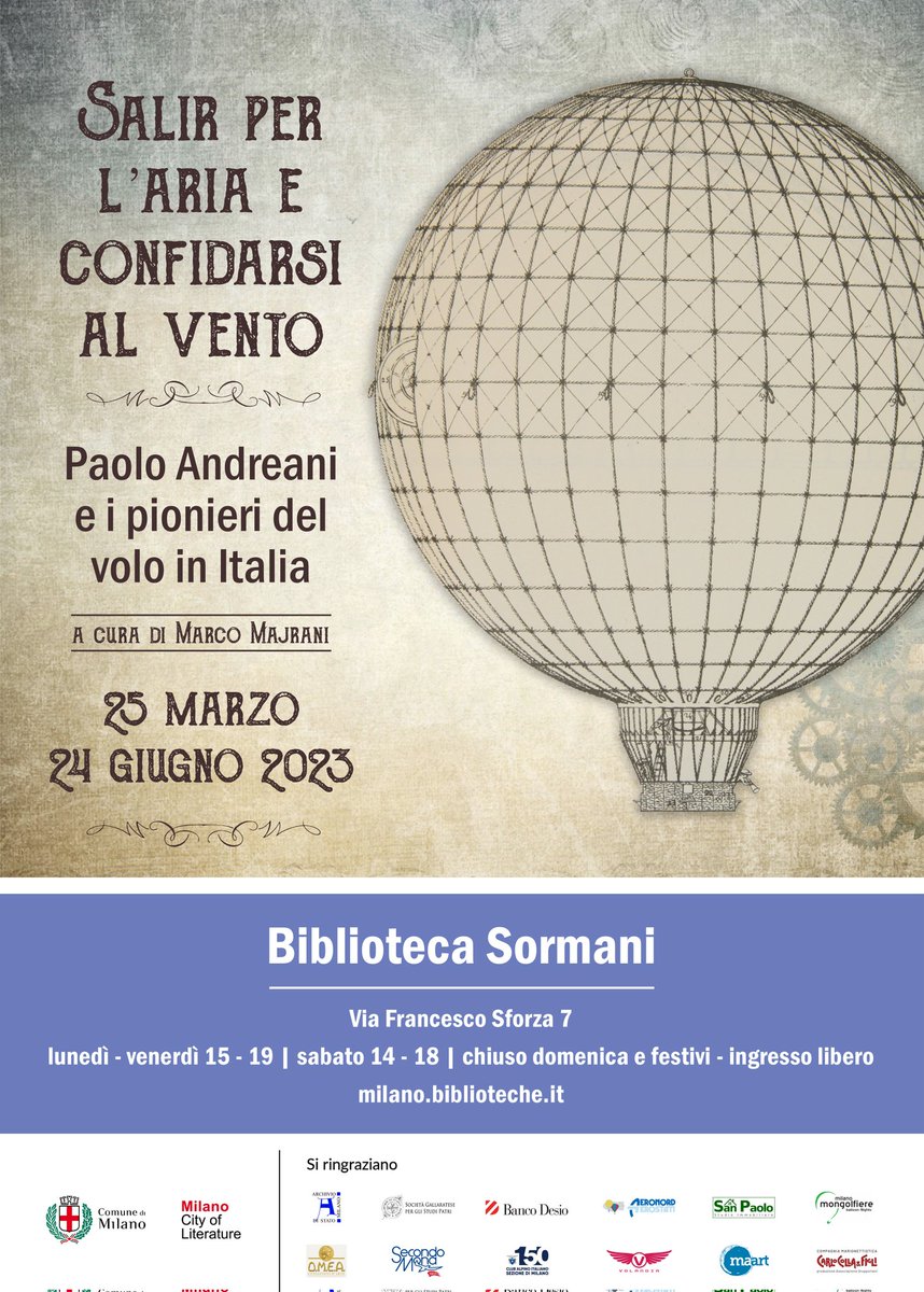 Alla Biblioteca Sormani "Salir per l'aria e confidarsi al vento" su Paolo Andreani e i pionieri del voli in Italia a cura di Marco Majrani. Vi aspettiamo dal 25 marzo al 24 giugno. Ingresso gratuito o visite guidate a cura di @maart_milano 
Si ringraziano @biblioteche_milano